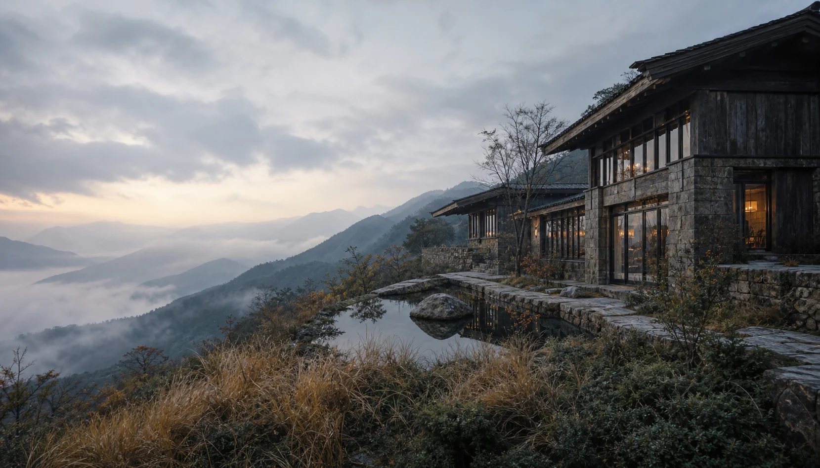 AI 生成的虚构山地旅舍与云雾山谷演示图